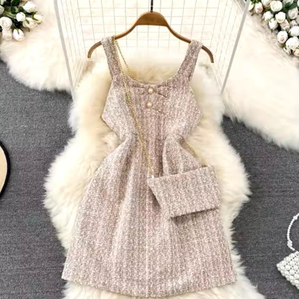 New Women Elegant Mini Tweed Strap High Waist Short Sleeves S Dress+Crossing Bag